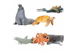 Фигурки игрушки серии Мир морских животных. Кашалот, морская черепаха, дельфин, осьминог, морской слон, дайвер (набор из 5 фигурок животных и 1 человека)