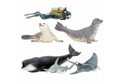 Фигурки игрушки серии Мир морских животных. Кит, рыбка-молот, манта, морской леопард, дайвер (набор из 5 фигурок животных и 1 человека)