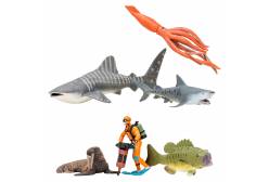 Фигурки игрушки серии Мир морских животных. Китовая акула, акула, морж, кальмар, окунь, дайвер (набор из 5 фигурок животных и 1 человека)