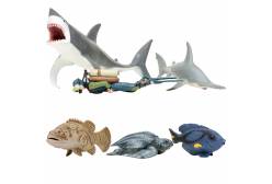 Фигурки игрушки серии Мир морских животных. Акула, рыба-хирург, кожистая черепаха, акула, рыба групер, дайвер (набор из 5 фигурок животных и 1 человека)