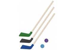Клюшки детские хоккейные 80 см, 3 штуки (цвет: зеленый, черный, синий) + 2 шайбы